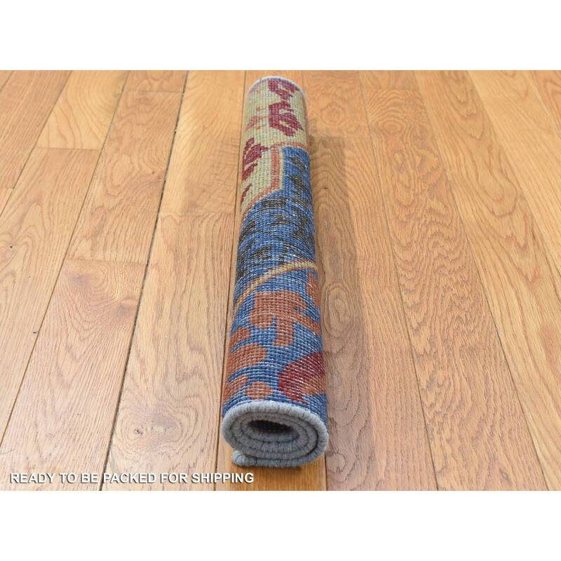 Shahbanu Rugs Denim Blue Zero Pile Mamluk Wool Shaved Low Hand Knotted Sample Fragment Square